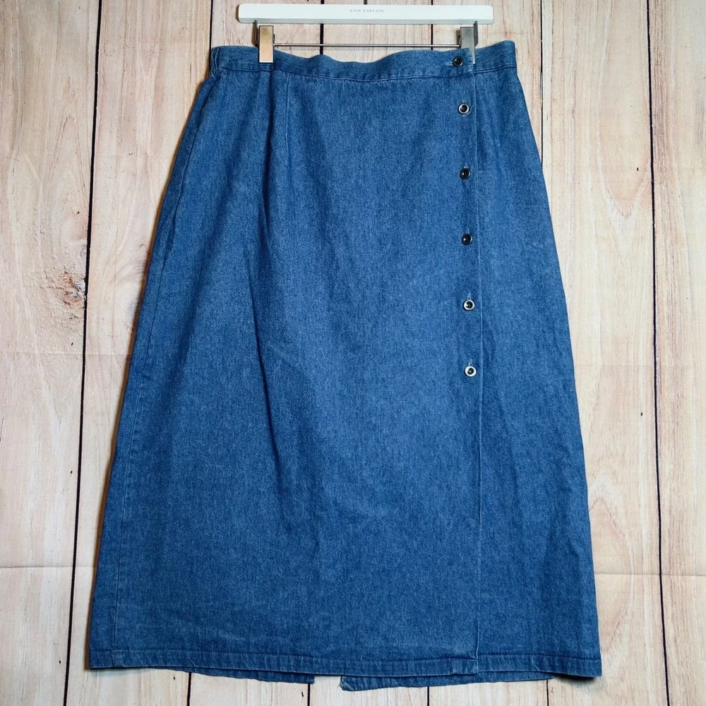 Ashley Petites Denim Midi‎ Skirt Womens 14P Blue Side Button A-Line Cottagecore